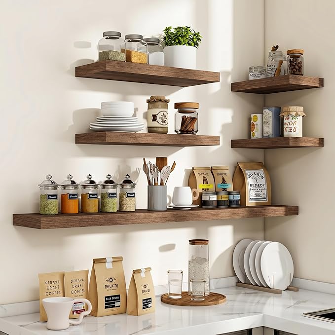 Acovy 72 Inch Floating Shelves, 3D Textured Wood Grain, 72"x9.25"x1.5" Inch Deep Floating Shelves for Wall, Wooden Shelves for Bathroom, Bedroom, Living Room, Walnut, 1 Piece
