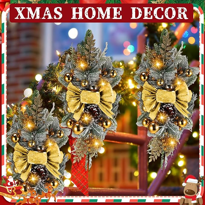 Lyrow 4 Pcs Cordless Prelit Christmas Artificial Swags 24" Xmas Stairway Swag Teardrop Trim Christmas Staircase Decoration Battery Operated Garland Indoor Outdoor Railing Decor (Chic Style)