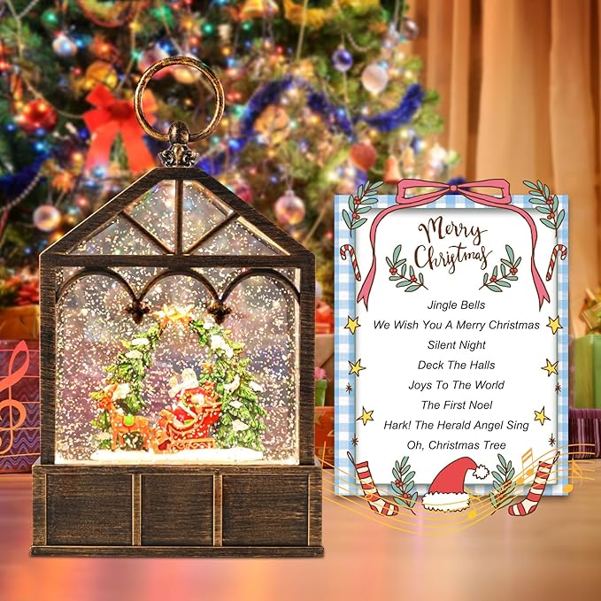 Christmas Snow Globes Musical Lantern Snow Globe Santa Clause Reindeer Sleigh Water Snow Globe Glittering Portable Hanging Tabletop Decorative Lantern Christmas Home Décor