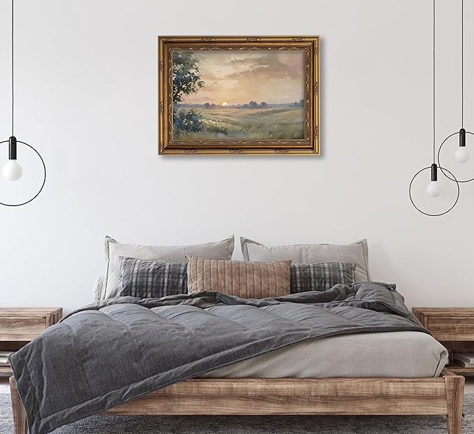 Vintage Gold Framed Wall Art Retro Fall Sunset Country Oil Painting Canvas Prints Watercolor Autumn Landscape Picture Rustic Farmhouse Soft Nature Poster Artwork for Living Room Bedroom, 12x16in