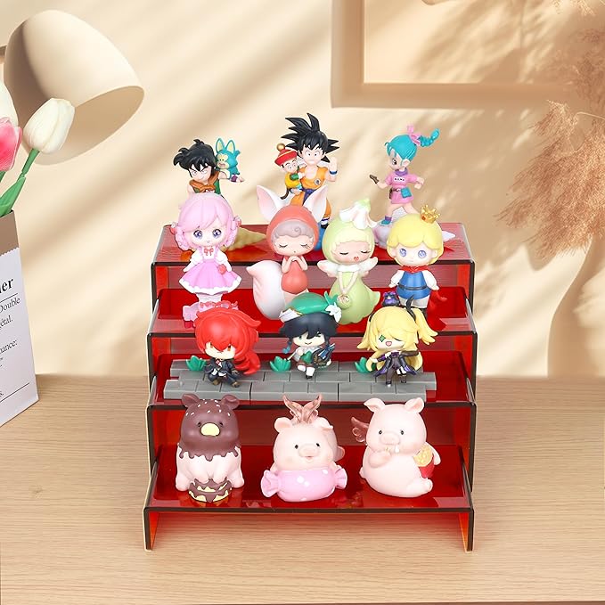 ELEGANTLIFE Acrylic Display Risers Set of 4, 4-Level Tiered Display Stands for Cupcakes, Small Figures & Jewelry, Compact Countertop Display Shelf, Multiple Colors Available (Translucent Red)