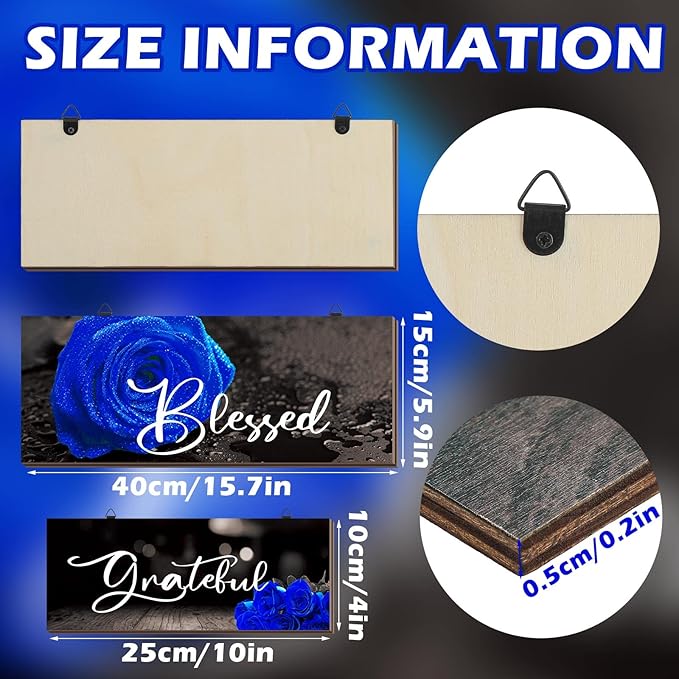 Hillban 3 Pieces Rose Wooden Wall Decor Rose Bathroom Decor Thankful Grateful Blessed Accessories Inspirational Wall Art Signs for Living Room Kitchen Wedding(16 x 6 Inch,Blue)