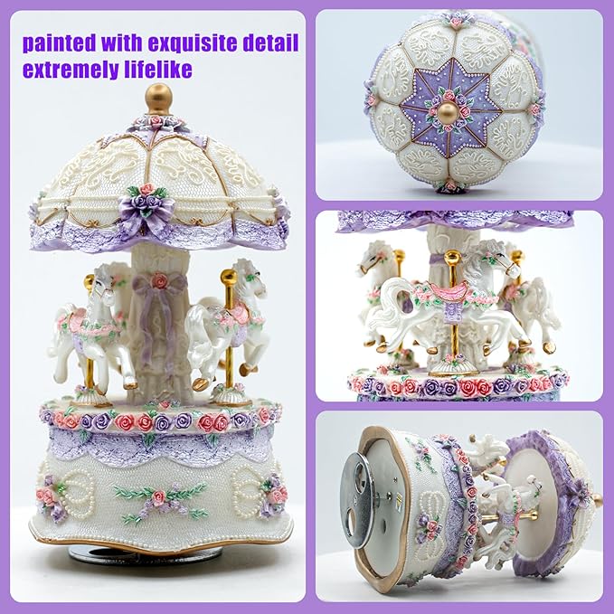 Carousel Music Box，Luxury Color Change LED Light Music Box,Luminous Rotating 3-Horse Musical Box with Gift Box for Girls Birthday Valentine Gift (You are My Sunshine, Purple)