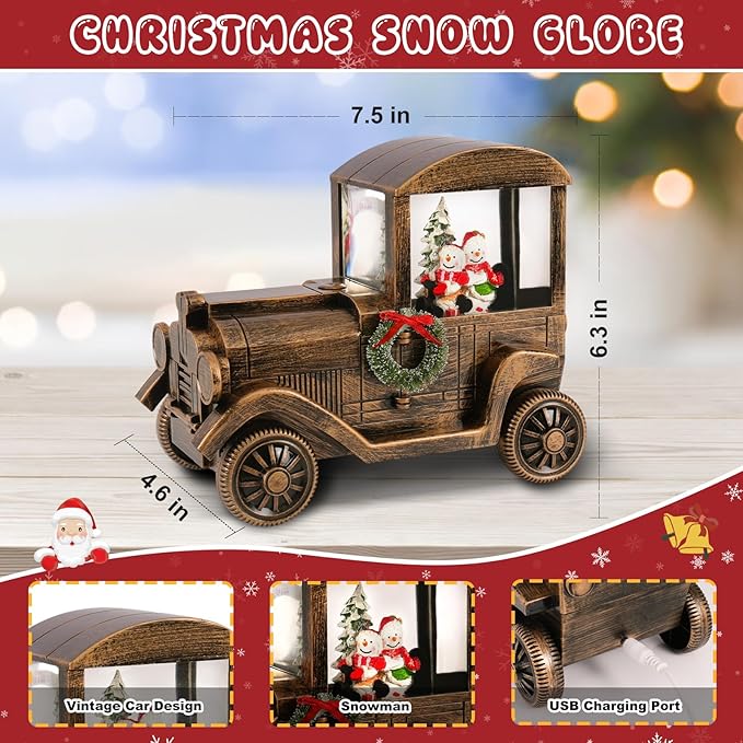 Christmas Snow Globe Lantern Truck Water Glittering Globe with Snowman 8 Music Songs Christmas Snow Globes USB & Battery Operated for Christmas Festival Decorations Gifts (Truck-Snowman)