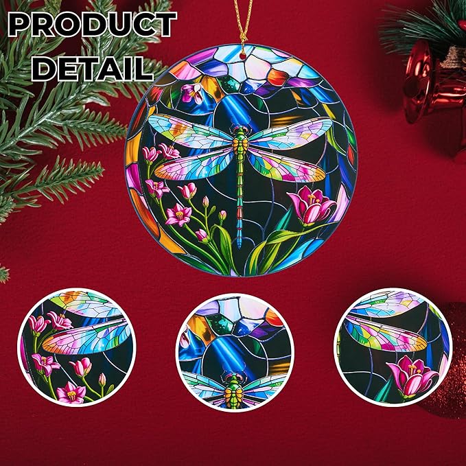 Dragonfly Christmas Ornaments Round Stained Glass Effect Acrylic Dragonfly Ornament for Tree Hanging, Christmas Theme Gift Set for Gifts Lovers, Ornament Wall Art, Thanksgiving Gift