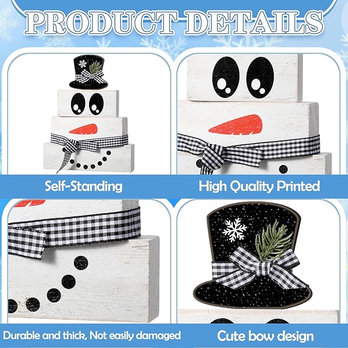 Moucuny 4 Pcs Winter Table Decoration Wooden Snowman Decor Black and White Winter Tiered Tray Decor Rustic Snowman Face Wood Block Sign Gift Christmas Centerpiece Farmhouse for Wonderland Home