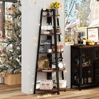 BON AUGURE 5-Tier Corner Ladder Shelf Stand, Black Metal Wood Corner Bookshelf, Narrow Tall Display Bookcase Shelving Unit for Living Room, Home Office, Small Space (Rustic Oak)