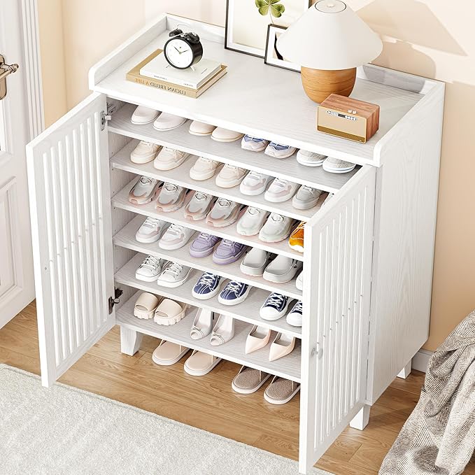 IRONCK Shoe Cabinet with Slatted Doors, 6-Tier Shoe Storage Cabinet with Adjustable Shelves, Wooden Shoe Rack Organizer for Entryway, Hallway, Closet, Living Room, White
