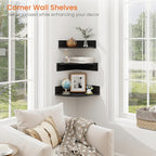 Homode Corner Floating Shelves, Set of 3 Corner Shelves Wall Mounted with Cable Hole, 3 Tier Wooden Hanging Corner Storage Shelf for Bedroom, Living Room, Kitchen, Black