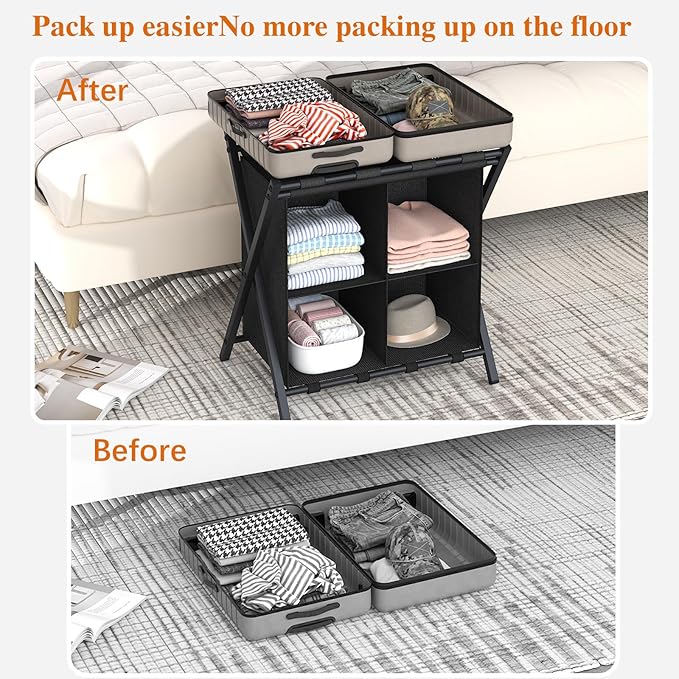 aboxoo 2 Pack Luggage Rack with storage, Guest Room Folding Suitcase Stands, Holds up to 120 lb, Space Saving Suitcase Holders for guest room, Bedroom Hotel, Black