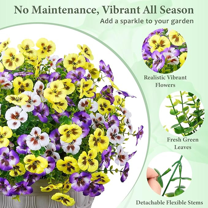 MARTINE MALL 8 Bundles Look Real Artificial Flowers for Outdoors, Realistic Fake Outdoor Flowers, UV Resistant Silk Pansy Flowers for Outside Faux Flower Plants for Outdoor Porch Garden, Mixed Colors