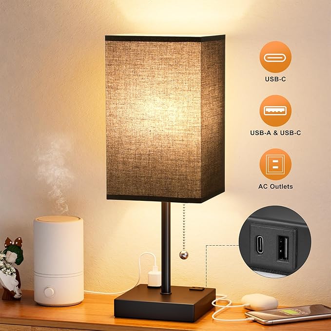 Black Medium Table Lamp with USB Ports - 3 Color Temperature Bedside Lamp for Bedroom, Pull Chain Control, USB A and C Ports, 2 AC Outlets, Bulb Included