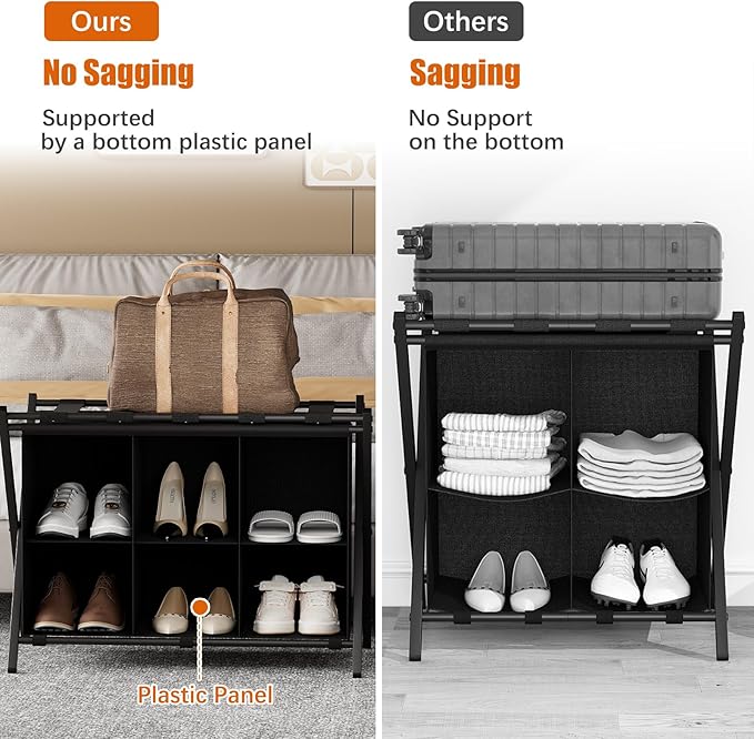 Luggage Rack for Guest Room, Folding Suitcase Stand with 6-Cube Fabric Storage Shelf, Luggage Holder, Steel Foldable Luggage Stand for Guest Room, Bedroom, Hotel, Black