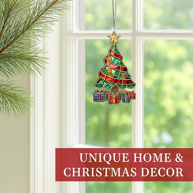 2025 Christmas Ornaments, Christmas Tree Ornaments Acrylic, Faux Stained Glass Effect White Elephant Gifts Exchange, Unique Suncatcher Xmas Stocking Stuffers for Women, Men (Gift Tree)