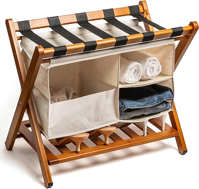 Fully Assembled Walnut Bamboo Folding Luggage Rack for Guest Room, 26.75" Folding Suitcase Stand with Removable Laundry Bag & Storage Shelf, Heavy Duty Foldable Luggage Stand for Bedrooms, Hotels, Airbnbs Holds 215lb
