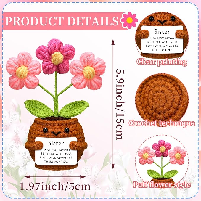 Wavwavw Sister Gifts Handmade Crochet Doll with Card Crochet Present for Sisters Sis Big Little Sister Birthday Wedding Home Decor(Pink Flowers)