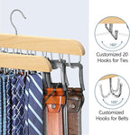 Tie Rack & Belt Hanger 2 in 1 Tie Hanger Space Saving Max 42 Belts& 60 Ties Capacity for Closet Organizers and Storage, Sturdy Wood Belt & Tie Collection Organizer(Wood, 2Pack)