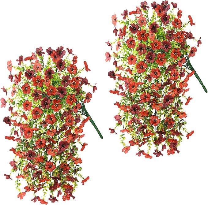 Artificial Hanging Flowers for Outdoors Spring Decoration, 2PCS Silk Fake Daisy Realistic Outdoor Flowers UV Resistant Porch Patio Window Yard Decor (Red Brown)