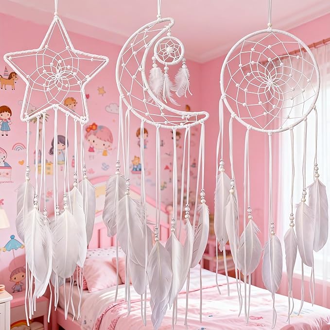 3PCS/LOT Star Moon Sun Shape Dream Catcher Home Decoration, and Baby Kids Room Accessory - Dream Catcher with Feather Decoration - Unique Home Craft Wall Pendant (White)