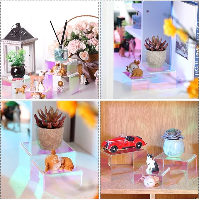 Chuangdi 2 Sets Acrylic Display Risers, Product Stand, Jewelry Display Riser Shelf Showcase Fixtures for Dessert Cupcake Candy Figure Treat Action Showcase(Rainbow Color,Small Set)