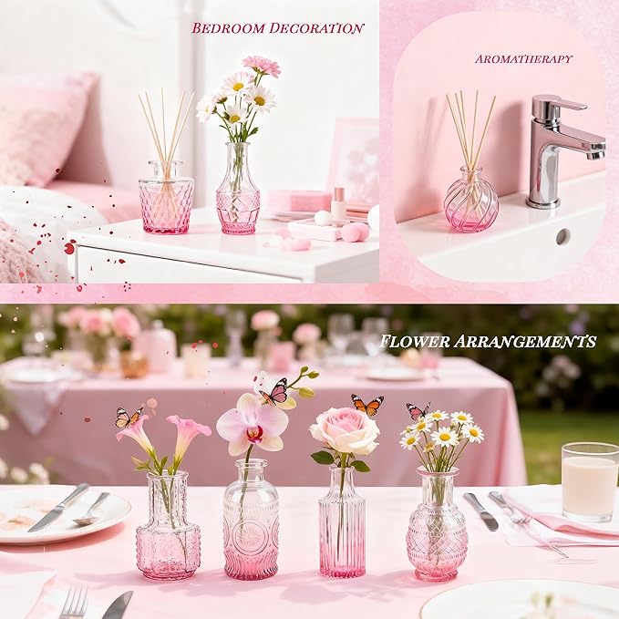 Der Rose Glass Bud Vases Set of 32 Small Pink Flower Vases for Rustic Wedding Centerpieces Table Decorations and Home Office Decor(Pink)
