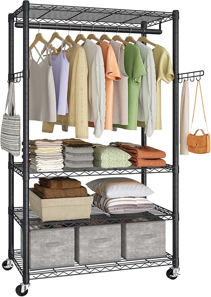 SONGMICS Heavy-Duty Rolling Clothes Rack, Garment Rack, Portable Closet on Wheels, with Adjustable Mesh Shelves and Hanging Rails, Hooks, 15.8 x 35.4 x 78.3 Inches, Ink Black ULGR418BH01