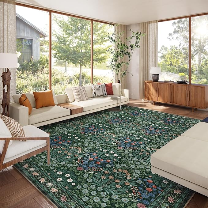 Washable Dark Green Rug for Living Room, 9x12 Large Area Rug for Dining Room, Bedroom, Soft, Low Pile, Non-Slip & Stain Resistant - Vintage Floral Design Carpet