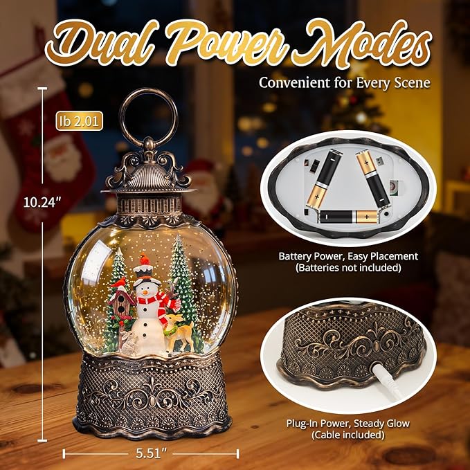 Snowman Christmas Snow Globes, 10.24" Electric Light up Snow Globe Christmas, 8 Festive Songs 6H Timer & Dual Power, Musical Snowglobes Christmas Decorations Indoor Xmas Snowglobe Ornament