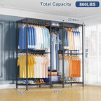 Ulif E12 Clothes Rack，Heavy Duty Freestanding Garment Rack with Shelves，Metal Clothing Closet Storage System for Hanging Clothes，57.1" W x 16" D x 76.5" H, Hold 860 lbs，Black