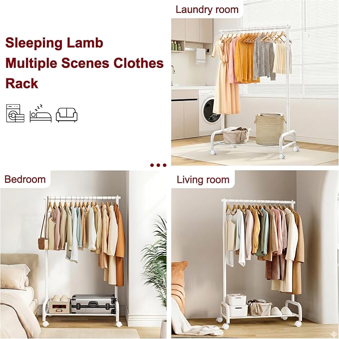 SLEEPING LAMB Heavy Duty Clothing Racks for Hanging Clothes, Metal Rolling Clothes Rack with Wheels, Sturdy Garment Wardrobe Rack for Bedroom, Laundry Room, White