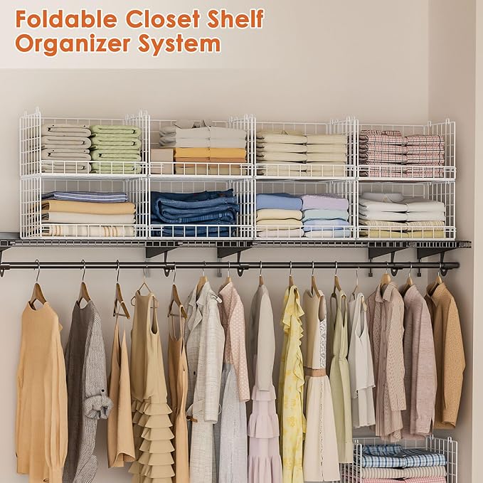 8-Tier Stackable Closet Organizers and Storage Shelves, Foldable Closet Shelf Organizer, Stackable Storage Bins Drawers for Closet Organizer System, White(Patent Pending)