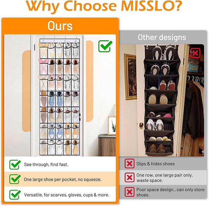 MISSLO 35 Large Pockets Over The Door Shoe Organizer Sturdy Oxford Fabric Hanging Shoe Rack for Door Mesh Closet Shoe Holder Hanger, White