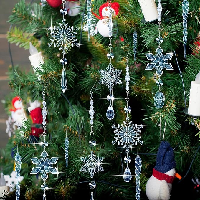 Giegxin 32 Pcs Crystal Christmas Ornaments Crystal Hanging Snowflakes Acrylic Xmas Tree Icicle Drop Decorations with Hooks for Christmas Snow Party Winter(Light Blue)