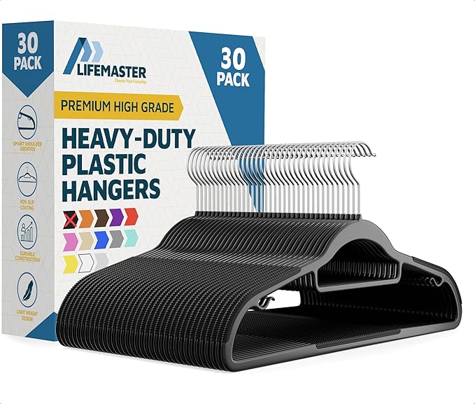 LifeMaster 30 Pcs. Dry Wet Clothes Hangers - Heavy Duty Coat Hanger Set with 360° Swivel Hook (Black) Non-Slip Rubber, Space-Saving, Frustration-Free Hanging, Accessory Tie Bar, Smart Strap Hooks