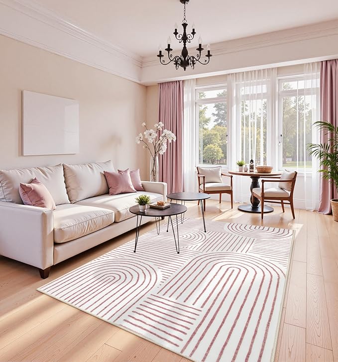 Lahome Abstract Washable Area Rugs 5x7, Soft Pink Rugs for Living Room Ultra-Thin Non-Shedding Bedroom Rug, Modern Throw Rug Large Carpet for Dining Room Office(5'x7',Pink/White)