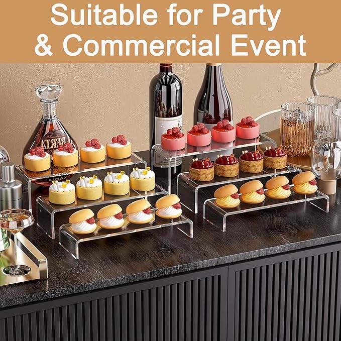 MerryNine Acrylic Risers Display Stands, 8 Pcs 2 Set Clear Acrylic Shelves, Plastic Display Risers for Retail, Vinyl Figures, Cupcake, Jewelry, Dessert Display, No Assembly, Scratch-Resistant (Rectangular-4mm-8pcs)