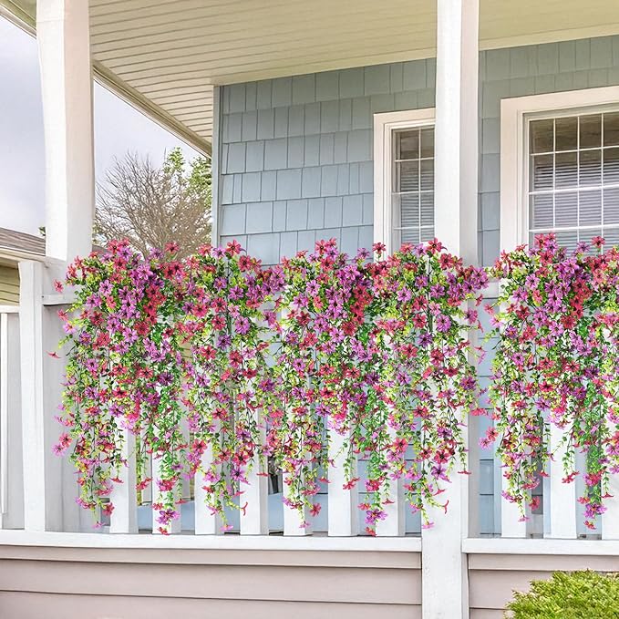Artificial Fake Hanging Flowers Plants for Outdoor Spring Decoration,2 PCS Faux Silk Daisy with Eucalyptus Leaves,UV Resistant Look Real for Outside Home Indoor Planter Porch Patio Balcony Yard Decor