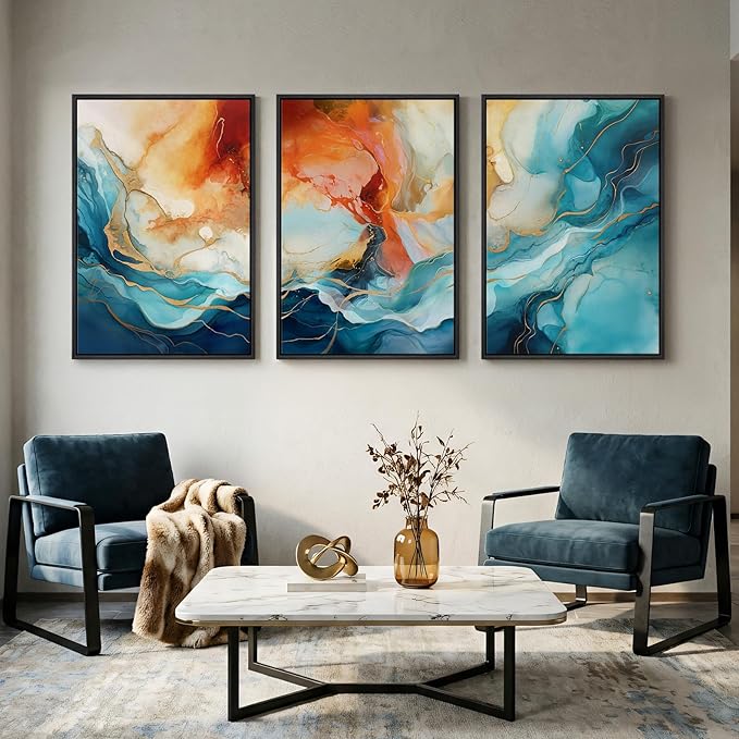 Large Framed Blue and Orange Abstract Wall Art for Living Room, Set of 3 Modern Canvas Prints Paintings Artwork for Walls, Bright Colorful Pictures for Bedroom Dining Room Hallway Wall Decor 24x36 In