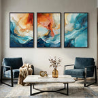 Large Framed Blue and Orange Abstract Wall Art for Living Room, Set of 3 Modern Canvas Prints Paintings Artwork for Walls, Bright Colorful Pictures for Bedroom Dining Room Hallway Wall Decor 24x36 In