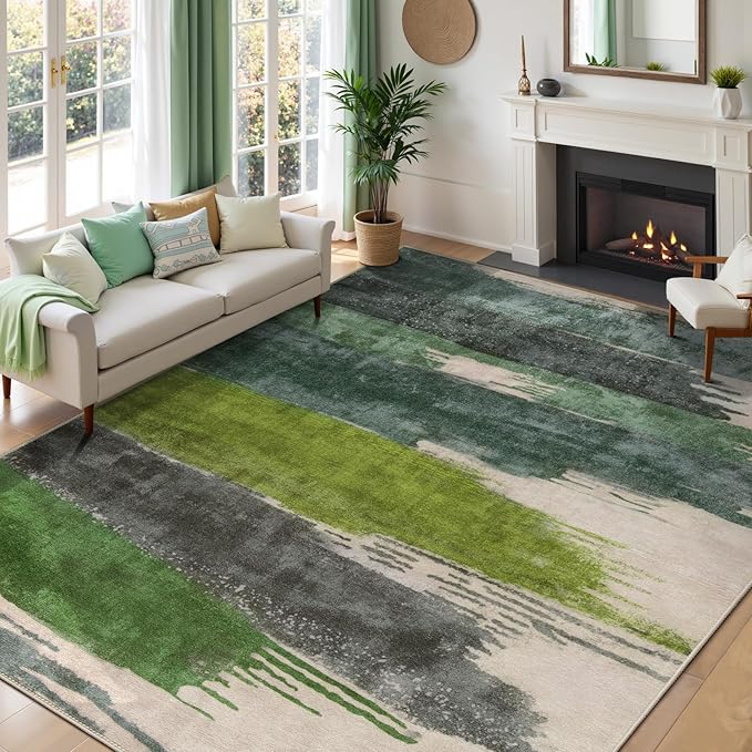 Ciicool Modern Abstract Rug for Living Room, 5'x7' Machine Washable Area Rug Non-Slip Rug, Low-Pile Contemporary Indoor Dining Floor Carpet for Bedroom Office Under Table Home Decor Green