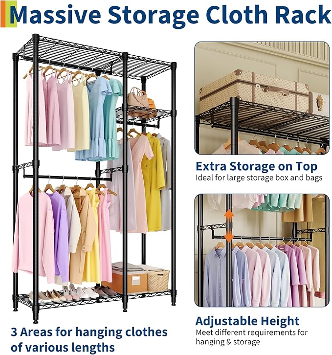 Heavy Duty Clothes Rack,Load 705LBS Garment Rack Portable Closet,Free Standing Closet Organizers and storage with Adjustable Shelves, Hanging Rods, Dividable Black 76.5"H x 41.6"L x 15.5"W