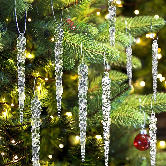 24pk Christmas Icicle Ornaments for Christmas Tree Decorations, Hanging Acrylic Crystal Christmas Ornaments 5.1" Clear Plastic Icicles for Xmas Tree Winter Wonderland Home Decor Holiday Party Supplies