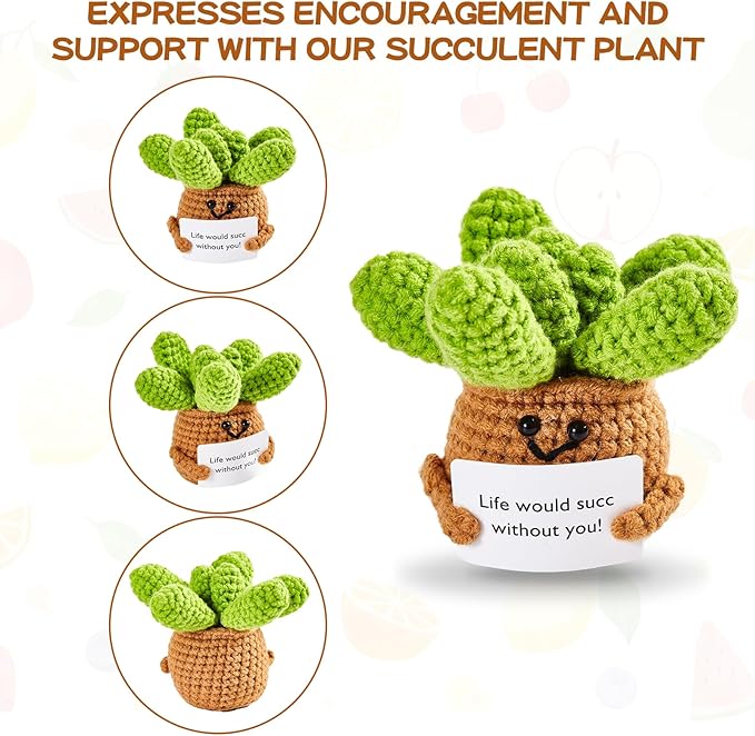 DAFURIET Mini Funny Crochet Succulent, 3 inch Knitted Wool Doll with Card for Cheer Up Gifts and Party Decorations, Cute Wool Crochet Doll for Mother’s Day Easter Birthday Gifts (Succulent Plant)