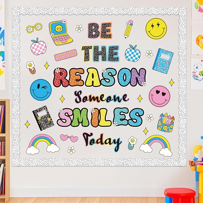 Composition Notebook Classroom Decor, Be The Reason Someone Smiles Today Bulletin Board with Happy Face Apple Rainbow Composition Book Cutouts for Posters Back to School Wall Door Chalkboard Supplies