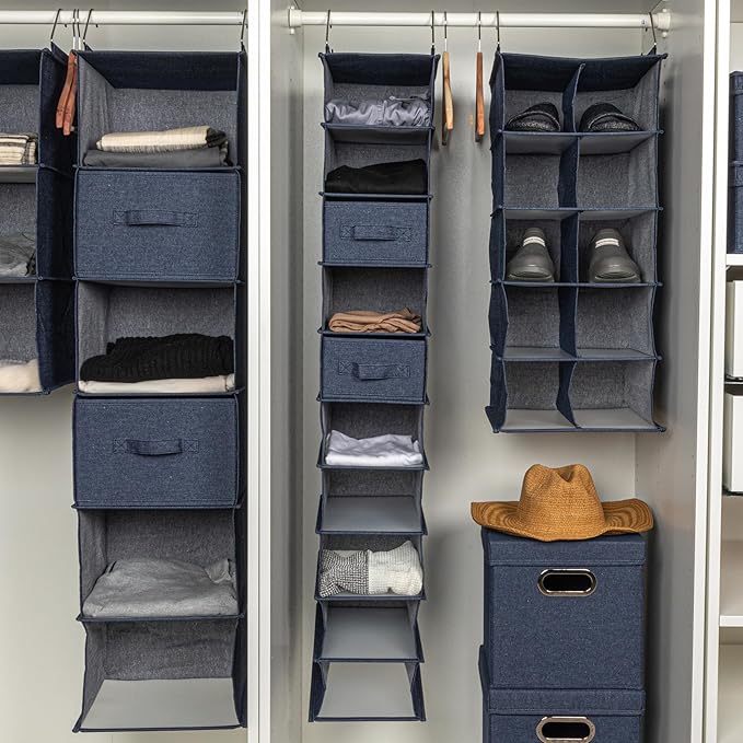 Household Essentials Hanging Narrow Cotton Blend and Plastic Closet Organizer with 10 Storage Shelves, Denim