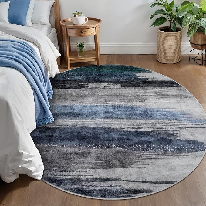Ciicool 5ft Round Washable Rug, Modern Abstract Circle Rugs, Non-Slip Thin Low-Pile Rug Navy Grey Circular Print Distressed Carpet for Bedroom Living Room Under Dining Table Home Office Decor