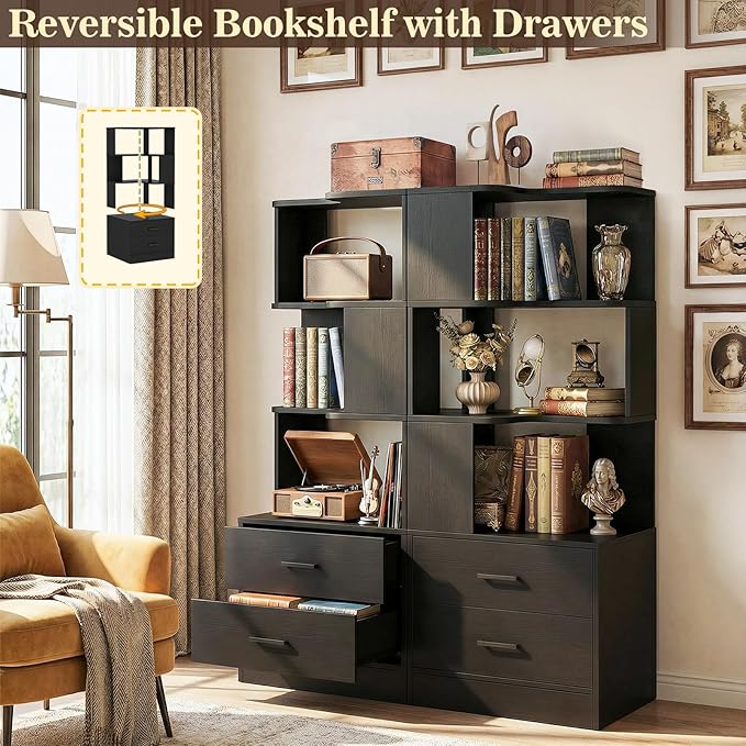 Armocity Corner Bookshelf with Drawers, 6 Tier Corner Book Shelf Display Bookcase, Freestanding L Shaped Bookshelf for Bedroom, Living Room, Home Office, Black