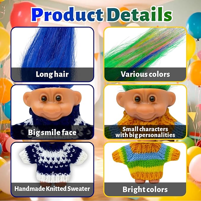 Retro Vintage Lucky Troll Dolls Assorted Hair Colors Chromatic Adorable for Collections, School Project, Arts and Crafts, Party Favors (Blue)