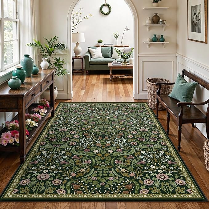 Moynesa Floral 6x9 Area Rugs, Washable Green Rugs for Living Room, Boho Large Soft Bedroom Rug, Non Slip Ultra Thin Botanical Indoor Floor Carpet for Dining Room Home Office, Green