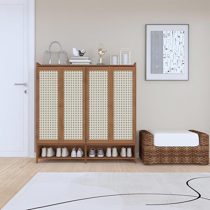 Upgraded Shoe Storage Cabinet,39 Pairs Rattan Shoe Cabinet Storage,8 Tier 45" Tall Large Shoe Cabinet,Boho Farmhouse Cabinet with Doors for Hallway Living Room Closet(47.2" W 8 Tier)